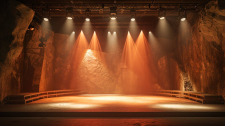 Wooden stage with blue smoke and spot lights. Presentation concept.の素材