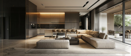interior design spacious bright studio apartment in Scandinavian style and warm pastel white and beige colors. trendy furniture in the living area and modern details in the kitchen area.の素材