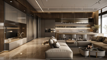 interior design spacious bright studio apartment in Scandinavian style and warm pastel white and beige colors. trendy furniture in the living area and modern details in the kitchen area.の素材
