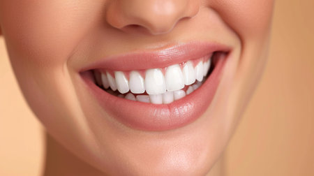 Beautiful female smile after teeth whitening procedure. Dental care. Dentistry concept.の素材
