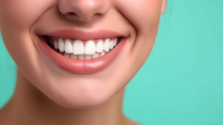 Beautiful female smile after teeth whitening procedure. Dental care. Dentistry concept.の素材