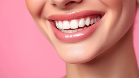 Beautiful female smile after teeth whitening procedure. Dental care. Dentistry concept.の素材