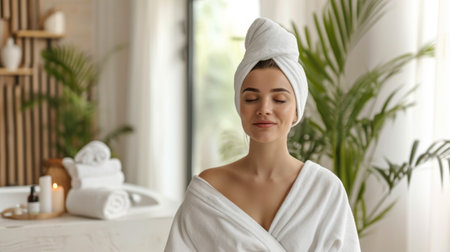 Calm serene young woman in spa bathrobe and towel relaxing after taking shower bath with her eyes closed at home. Beauty treatment concept. Body skin and hair careの素材