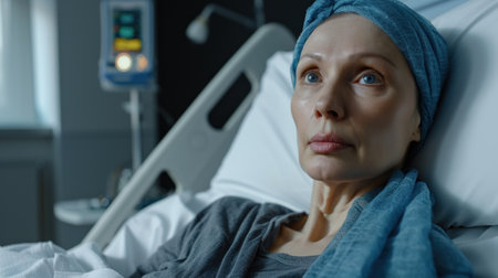 Woman in bed suffering from cancer. Thoughtful woman battling with tumor. Patient with headscarf recovery in hospital on bed.の素材