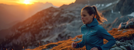 Sporty mountain woman rides in trail during endurance trail.の素材