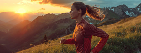 Sporty mountain woman rides in trail during endurance trail.の素材
