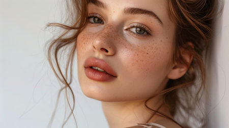 Youth and skin care concept. Highly-detailed close up portrait of pretty teenage girl with perfect clean freckled skin and green eyes looking at the camera with calm face expression, with lips partedの素材