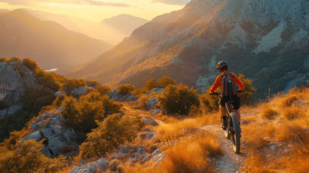 Cyclist Riding the Bike in the Beautiful Mountains Down the Rock on the Sunrise Sky Background. Extreme Sport and Enduro Biking Concept.の素材