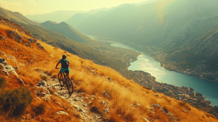 Cyclist Riding the Bike in the Beautiful Mountains Down the Rock on the Sunrise Sky Background. Extreme Sport and Enduro Biking Concept.の素材