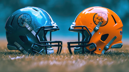 Photo of two football helmets on stadium.の素材