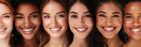 Portrait of young multiracial women standing together and smiling at camera.の素材