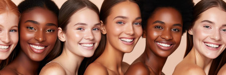 Portrait of young multiracial women standing together and smiling at camera.の素材