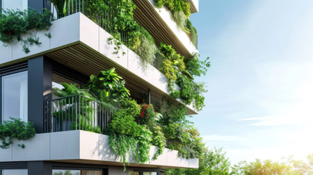 Modern and ecological skyscrapers with many trees on each balcony. Modern architecture, vertical gardens, terraces with plants.の素材