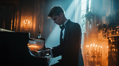 young talented male in formal suit professionally play piano. classical music performer practice playing piano before performance.の素材