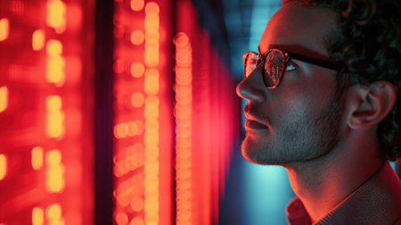 Close-up Of Young Male Technician Checking Server's Wires In Data Center.の素材
