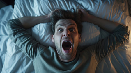 Man lying on white bed, open wide mouth in room alone at apartment.の素材
