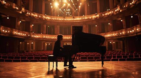 Elegant young man playing a piano on stage with spotlights.の素材