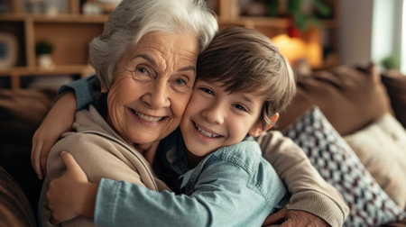 Happy old grandmother hugging little grandchild girl looking at camera, smiling mature mother or senior grandma granny laughing embracing adopted kid granddaughter sitting on couch.の素材