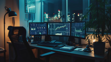 Computer monitors, laptop with trader charts on the desk. Trader workplace concept.の素材