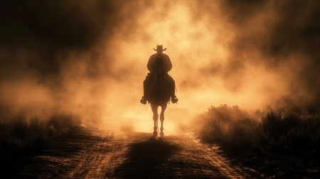 A cowboy riding a horse in the light at sunset.の素材