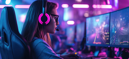 Professional Gamer Playing First-Person Shooter Online Video Game on His Powerful Personal Computer.の素材