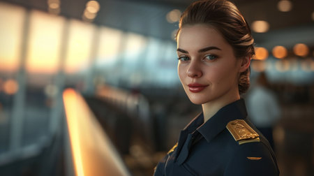 Portrait of beautiful Caucasian flight attendant in airport terminal.の素材