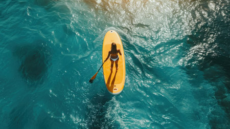 Woman stand up on paddle board in sea. Big yellow board in turquoise water.の素材