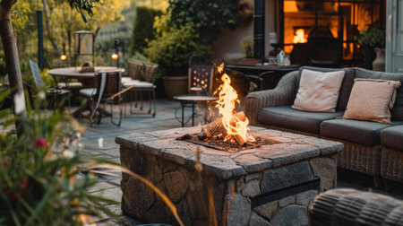Beautiful backyard firepit at dusk with comfortable chairs.の素材
