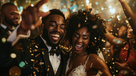 Charming black wedding couple celebrating with friends.の素材