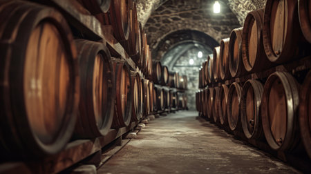 Wine cellar. Wine or whiskey barrels. French wooden barrels.の素材