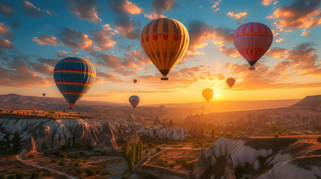 Colorful hot air balloons flying over mountain.の素材