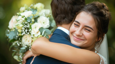 Bride hugging her groom on their wedding day.の素材