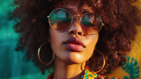 Young black woman with sunglasses enjoy vacation.の素材