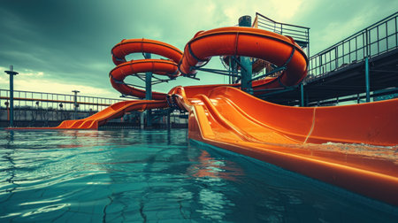 Water slides and swimming pool in aqua park. Amusement park on tourist resort.の素材