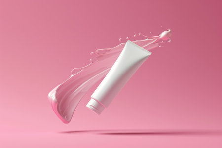 Horizontal image white blank tube of face cream flying on pink background. Natural cosmetics for skin care concept. Image for your design or mockup.の素材