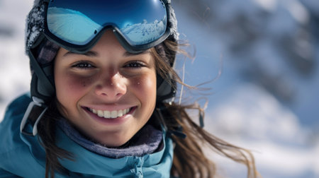 Close Up Of The Ski Goggles Of A Woman With The Reflection Of Snowed Mountains. Portrait Of Woman At The Ski Resort On The Background Of Mountains And Sky.の素材
