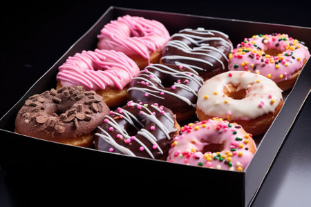 assorted donuts with chocolate frosted, pink glazed and sprinkles donuts.の素材