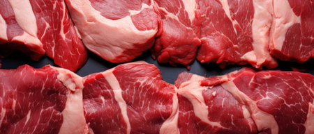 Raw beef steaks on a black background. Close-up.の素材