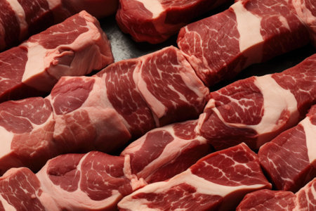Pieces of raw meat as background, top view. Meat productsの素材