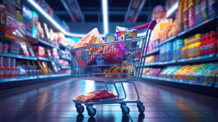 Shopping cart full of products in a supermarket. 3d renderingの素材