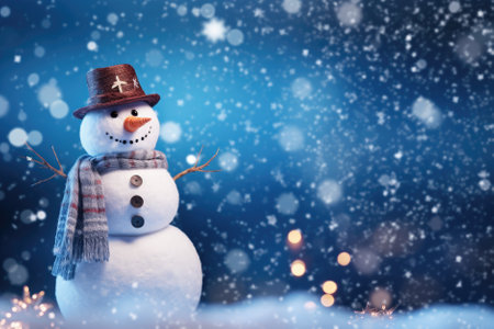 Snowman with hat and scarf on blue bokeh background.の素材