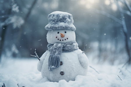 Snowman in the winter forest. Christmas and New Year concept.の素材