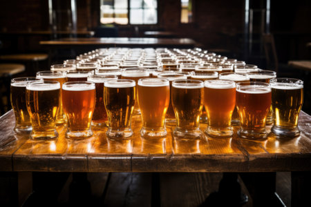 Beer glasses on a wooden table in a pub or restaurant. Toned.の素材