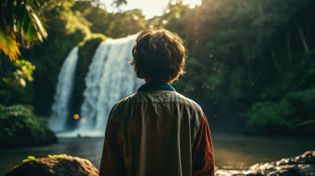 Young man looking at waterfall in tropical forest. Travel and vacation conceptの素材
