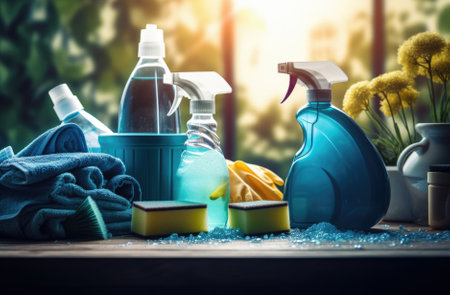 Cleaning products on a wooden table. Selective focus. nature.の素材