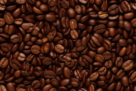 Coffee beans background, close-up shot, top viewの素材