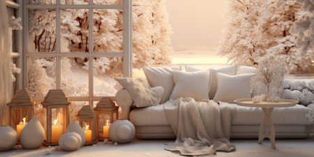3D rendering of a cozy living room with a large window, a sofa and a lanternsの素材