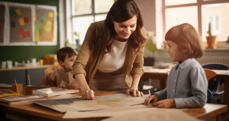 Young school teacher helping her happy elementary students who are writing in notebooks. Little children learning new things in class. Group of talented kids watching their classmate draw a pictureの素材