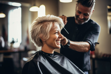 Young female hairdresser fixing hair of gorgeous smiling woman with hairspray. Hairdress and beauty concept.の素材