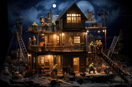 Miniature people in a construction site on a full moon background.の素材